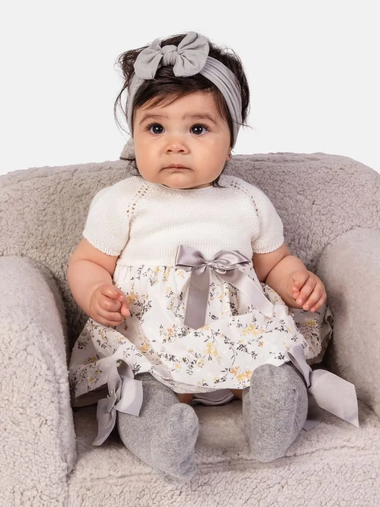 Baby Girl Nova Collection Half Knitted Spanish Dress-Cream/Ivory & Fall Floral