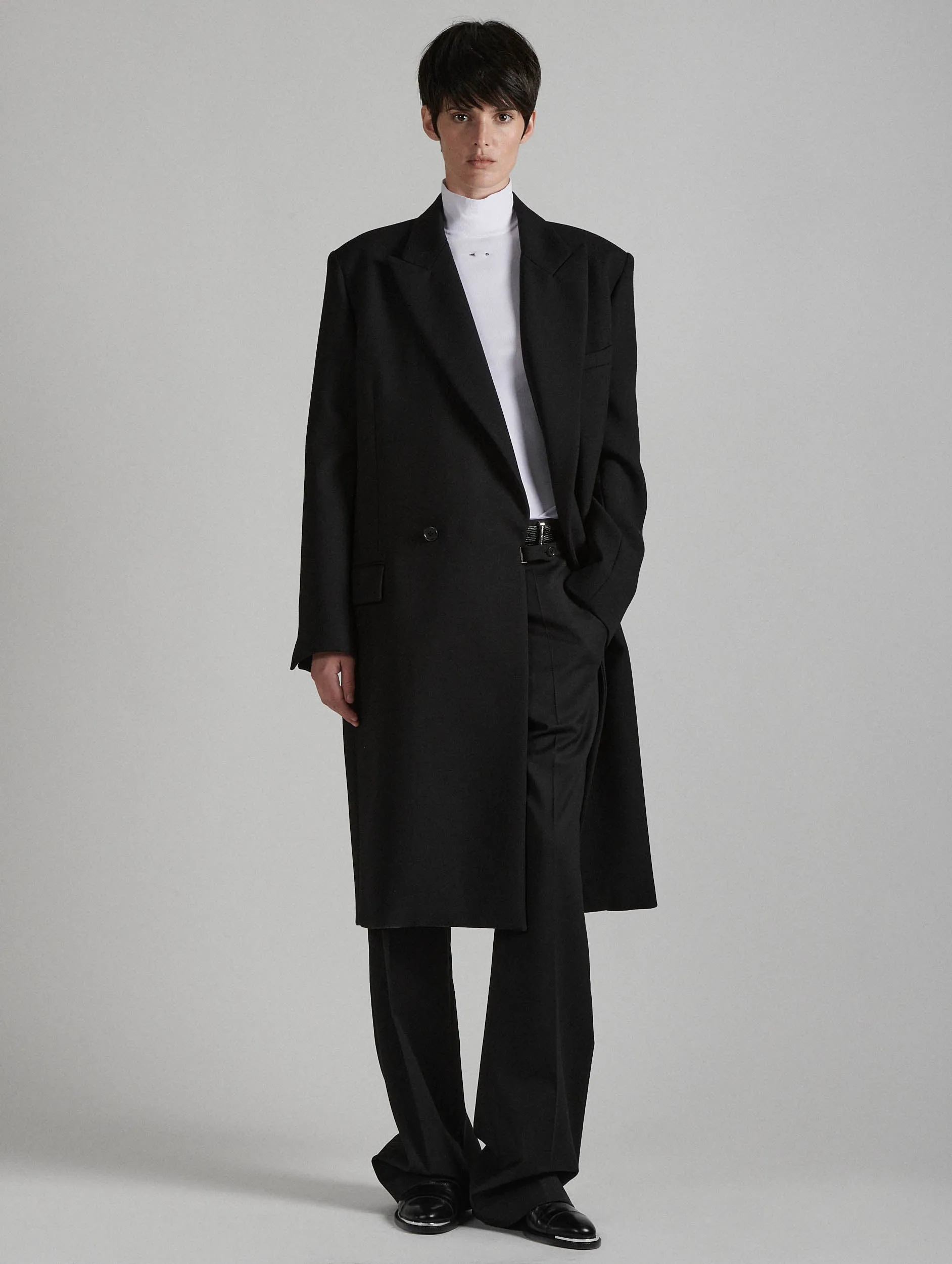 Black double gabardine overcoat