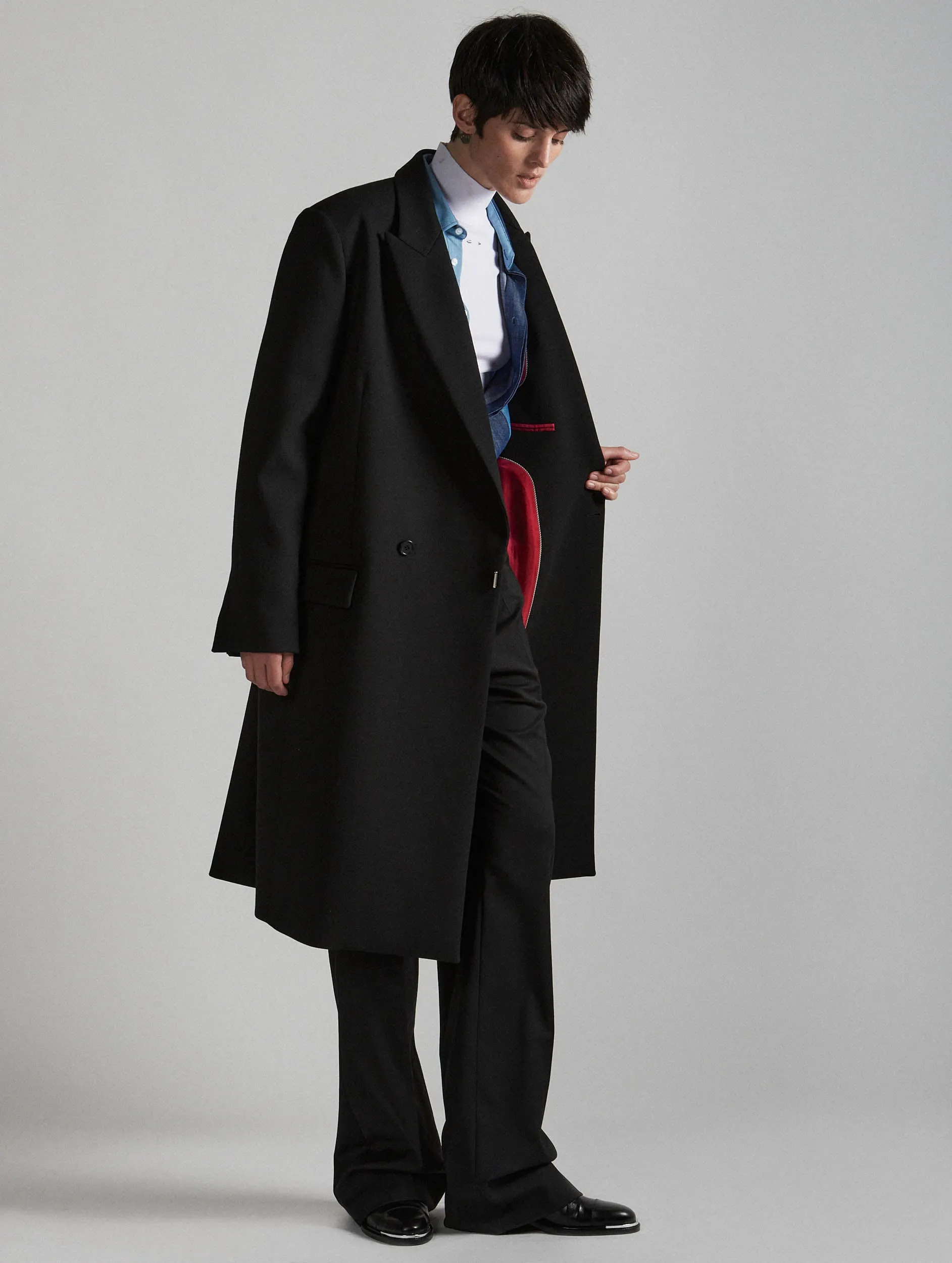 Black double gabardine overcoat