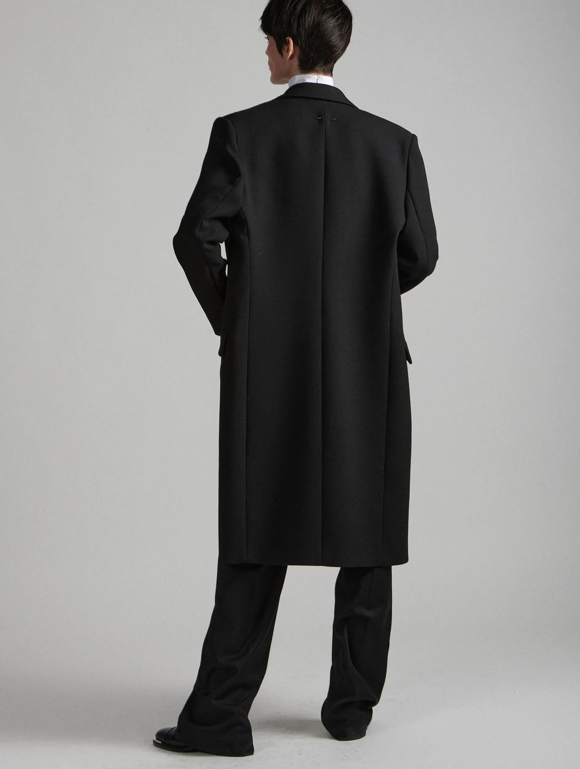 Black double gabardine overcoat