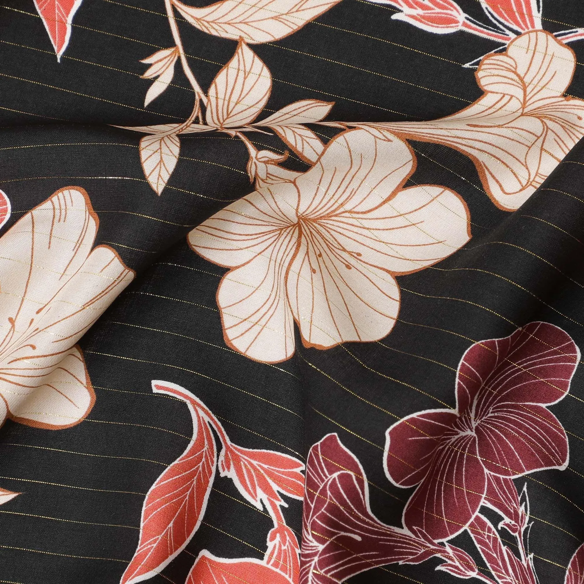 Black viscose crepe printed fabric with multi colour prints and metallic lurex in floral design-D11162