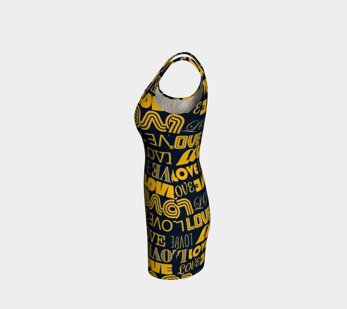 Blue & Gold Love Print Bodycon Dress