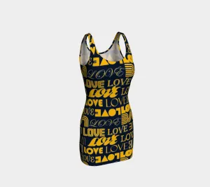 Blue & Gold Love Print Bodycon Dress