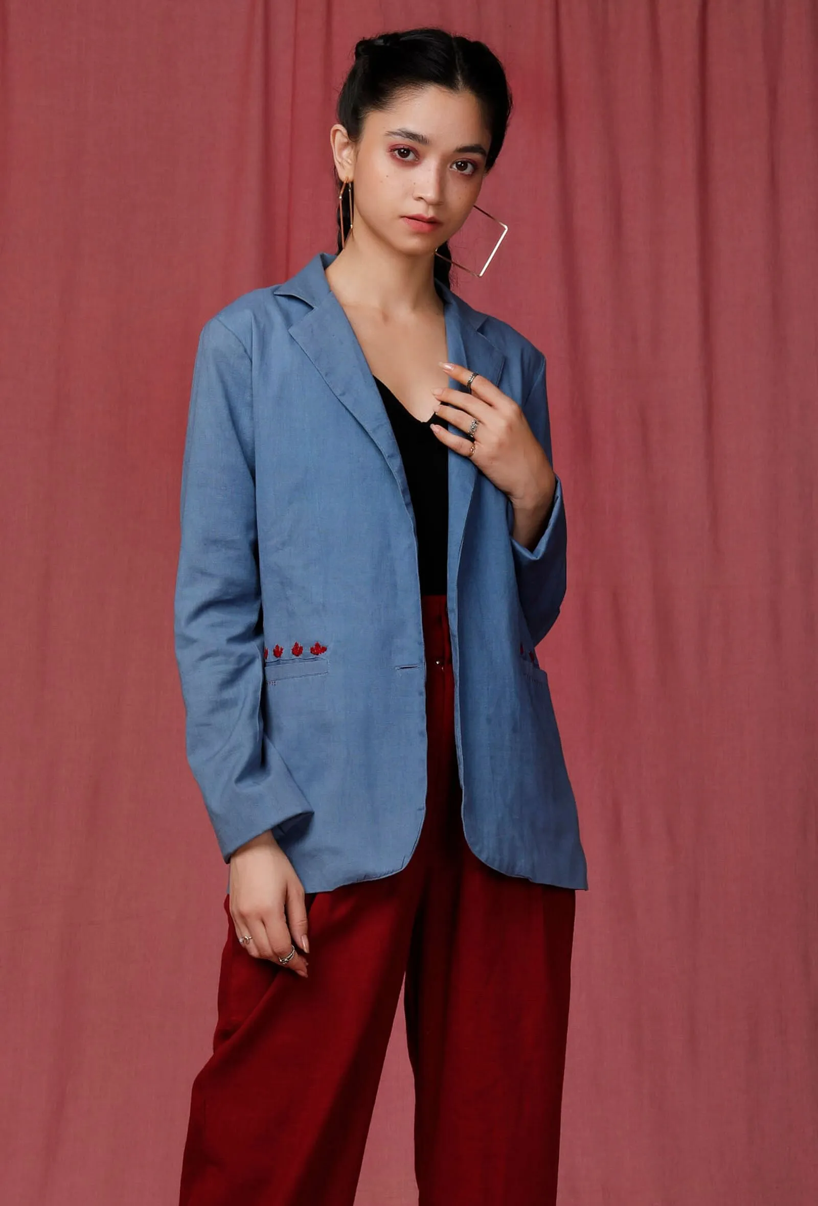 Blue Notched Linen Overcoat