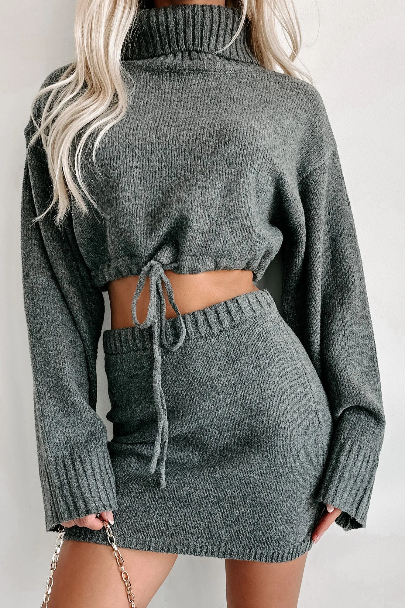 Change In The Weather Sweater Knit Crop Top & Skirt Set (Charcoal)