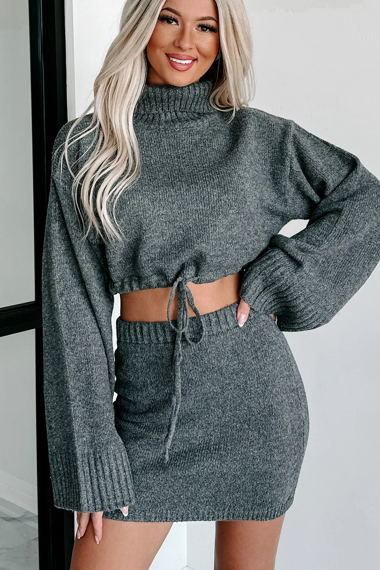 Change In The Weather Sweater Knit Crop Top & Skirt Set (Charcoal)