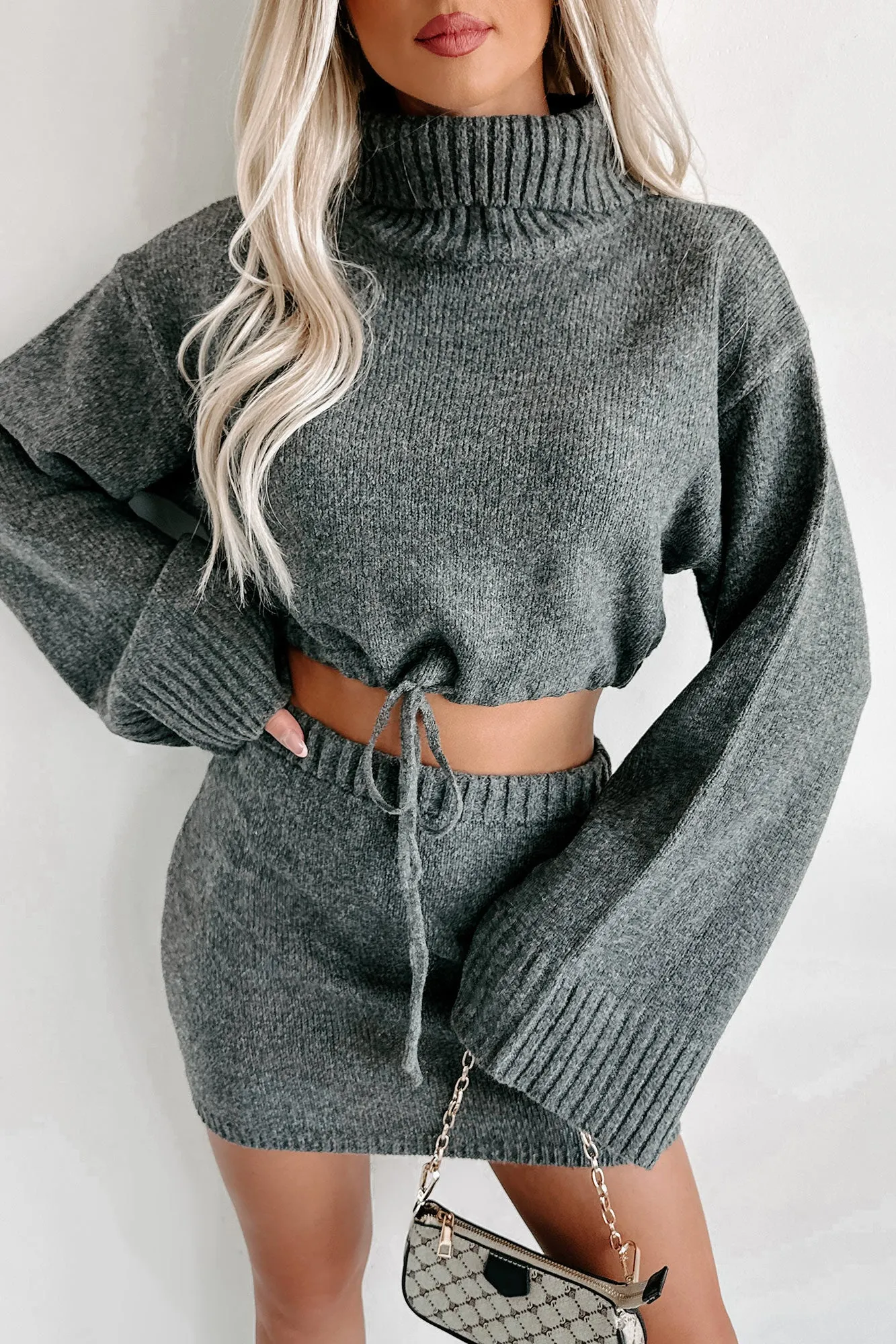 Change In The Weather Sweater Knit Crop Top & Skirt Set (Charcoal)