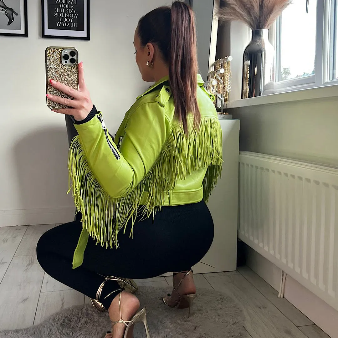 DIVINE Lime Fringe Vegan Leather Jacket