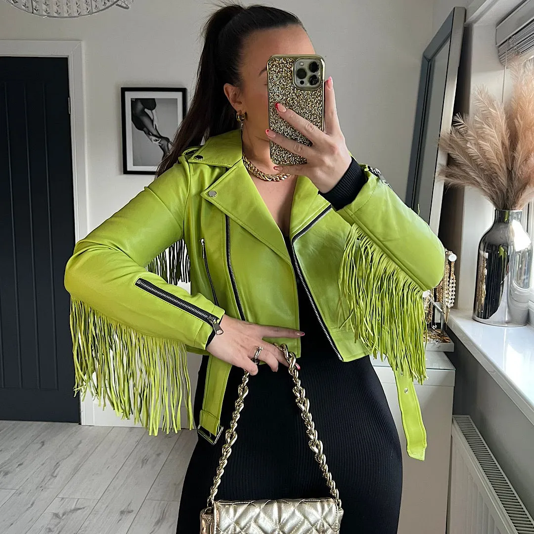 DIVINE Lime Fringe Vegan Leather Jacket