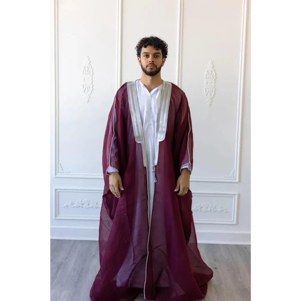 Embroidered Thobe Overcoat Arab Bisht Cloak Burgundy