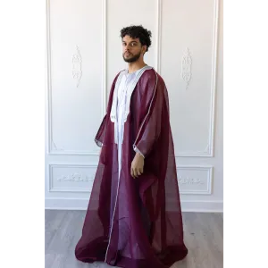 Embroidered Thobe Overcoat Arab Bisht Cloak Burgundy