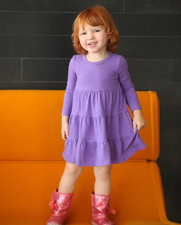 Girls Soft Cotton Jersey Long Sleeve Tiered Dress | Deep Purple