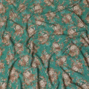 Jade green viscose cotton fabric with multicolor print in floral design-D15836