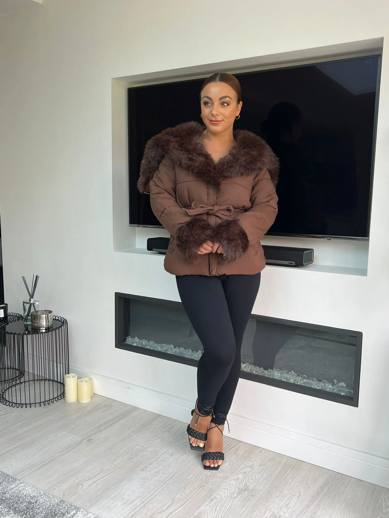 JORDANNA Brown Faux Fur Cuff & Collar Hooded Coat