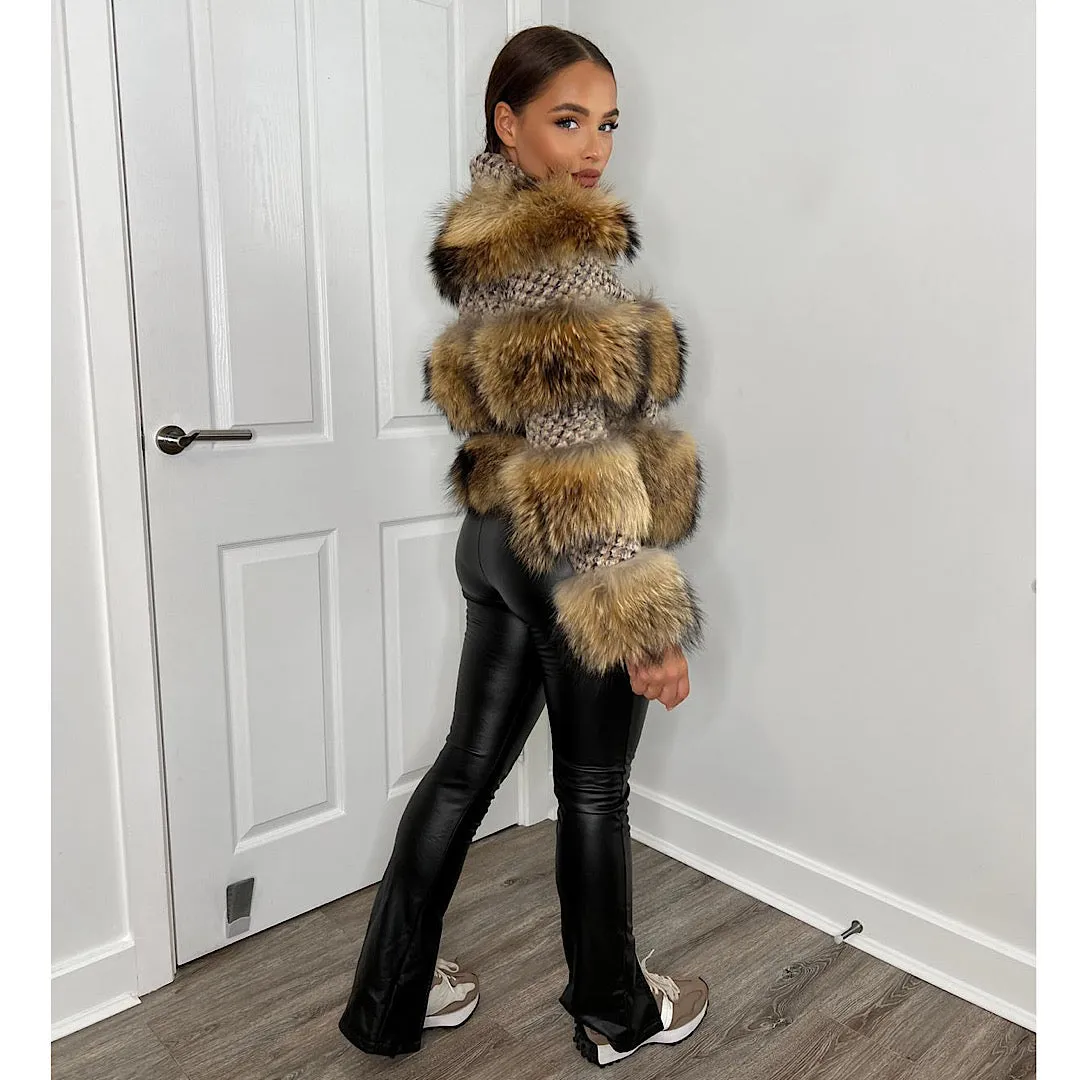 KEZIA Natural Real Fur & Knit Insert Jacket PREORDER