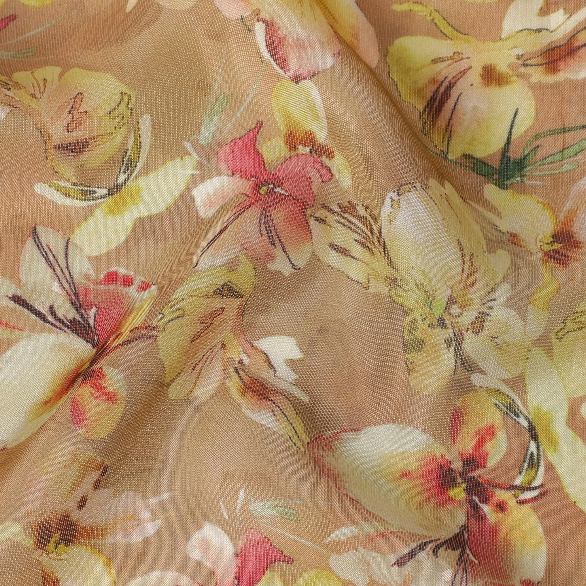 Light mustard blended viscose organza fabric with multicolor print having metallic finish in floral design-D17495