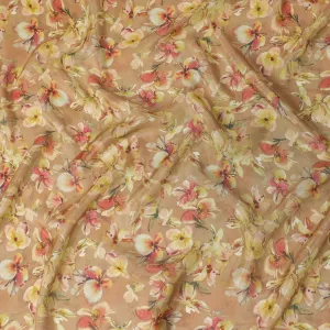 Light mustard blended viscose organza fabric with multicolor print having metallic finish in floral design-D17495