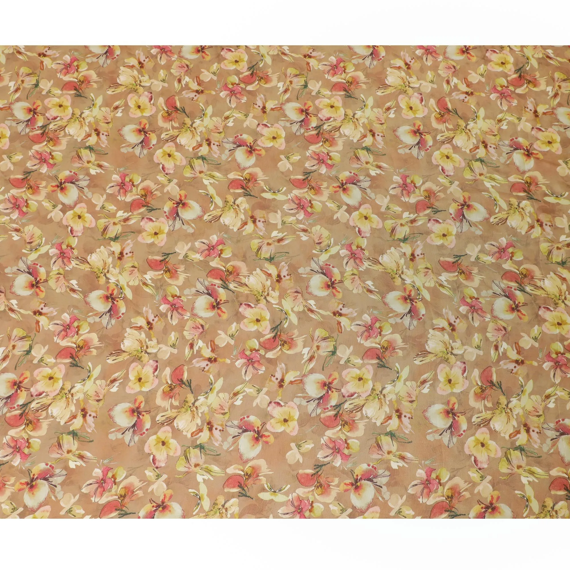 Light mustard blended viscose organza fabric with multicolor print having metallic finish in floral design-D17495