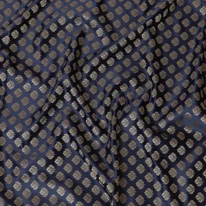 Luxurious Navy Blue and Gold Synthetic Brocade Fabric with Floral Design â€“ 140 cm Width-D19378