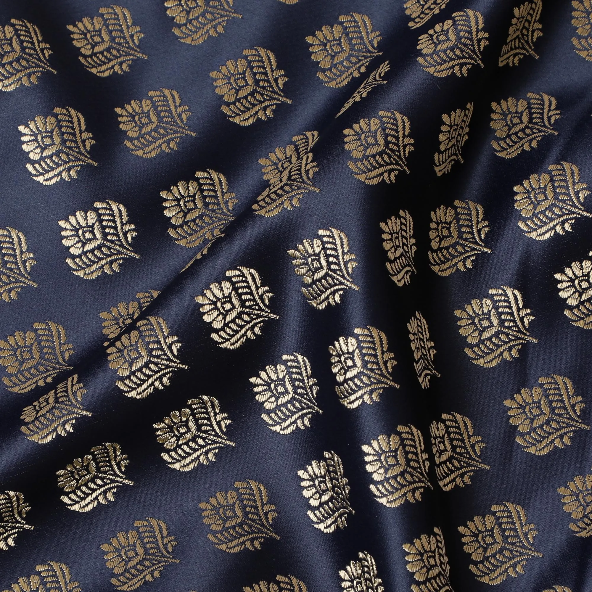 Luxurious Navy Blue and Gold Synthetic Brocade Fabric with Floral Design â€“ 140 cm Width-D19378