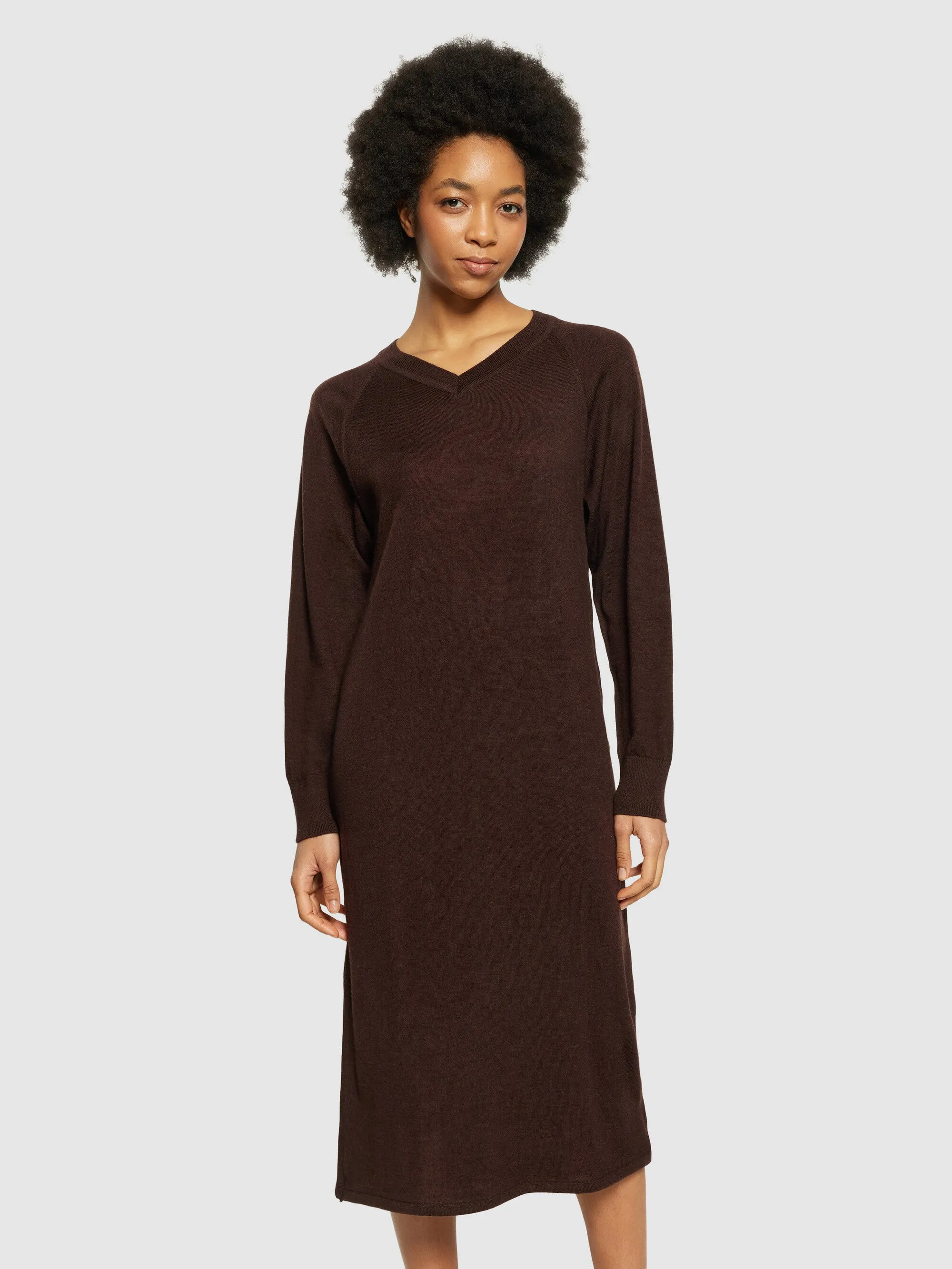 Merino mid length v-neck dress - RWS - Demitasse (brown)