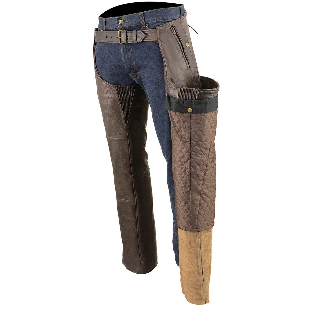 Milwaukee Leather Chaps for Men's Retro Brown Naked Leather - Snap Out Thermal 4-Pockets Motorcycle Chap - ML1191RT