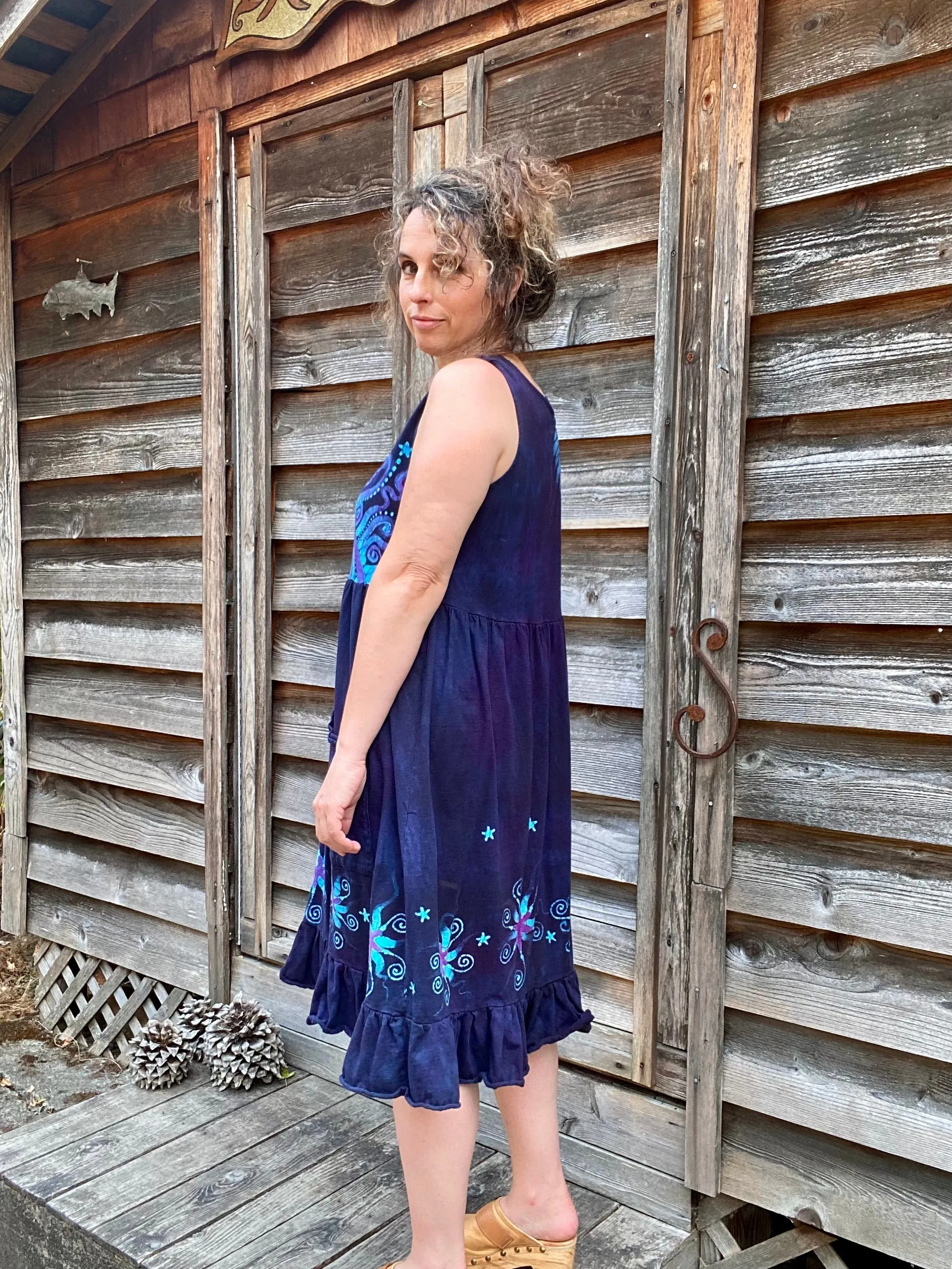 Mystic Moonlight with Turquoise Sunrise - Farmer's Market Pocket Dress - Size Large