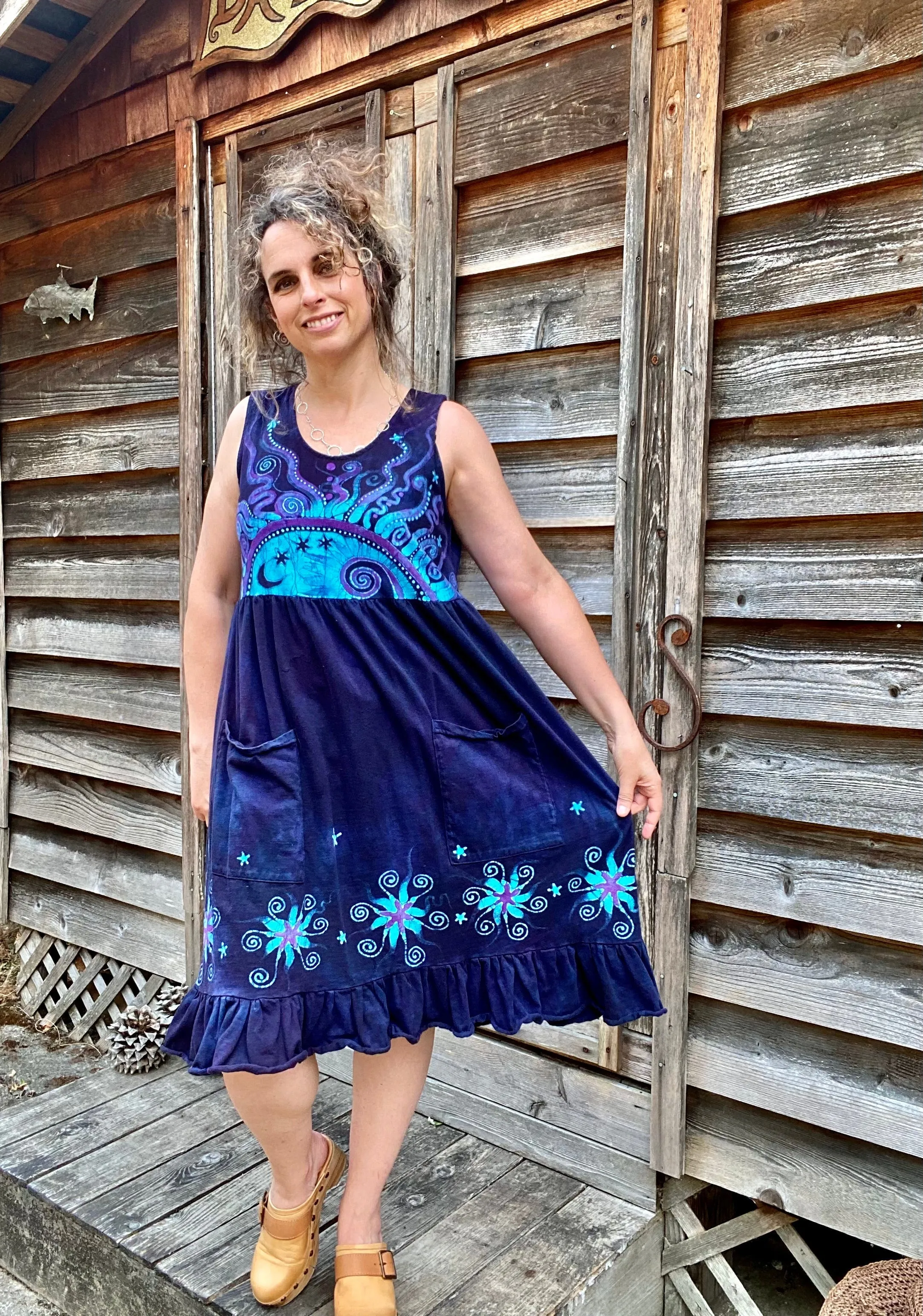 Mystic Moonlight with Turquoise Sunrise - Farmer's Market Pocket Dress - Size Large