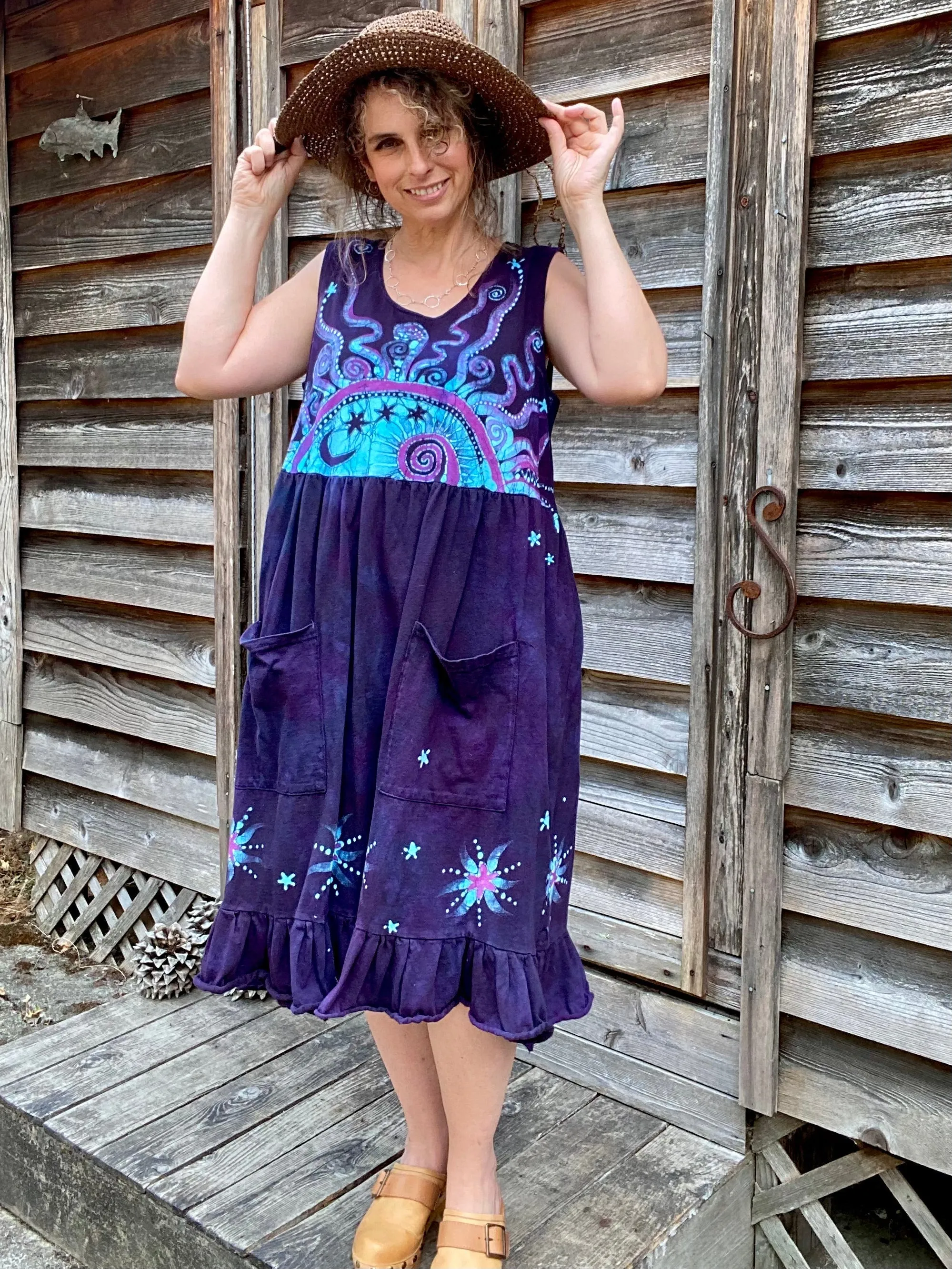 Mystic Moonlight with Turquoise Sunrise - Farmer's Market Pocket Dress - Size XL