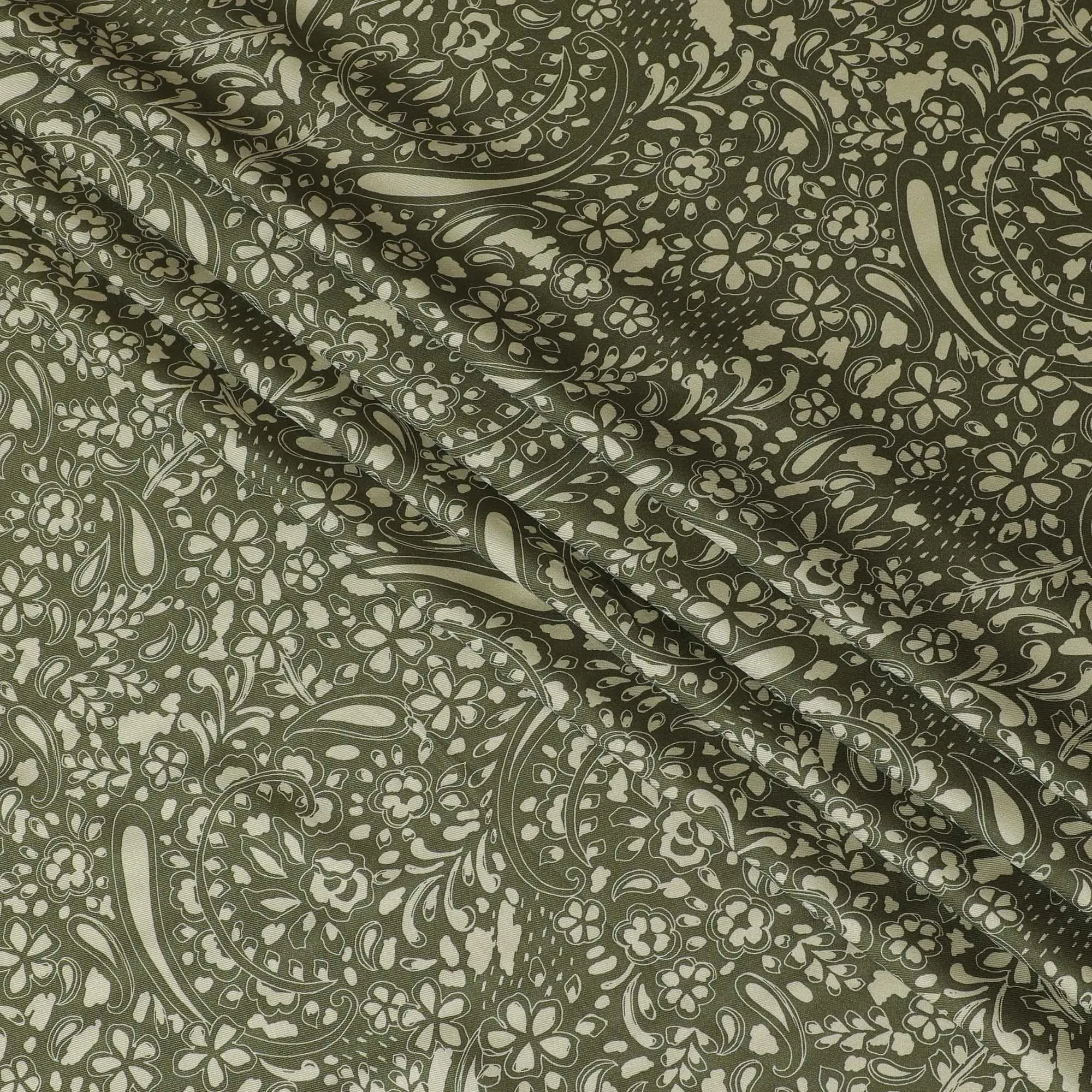 Olive green viscose twill printed fabric with light green prints in floral design-D11173