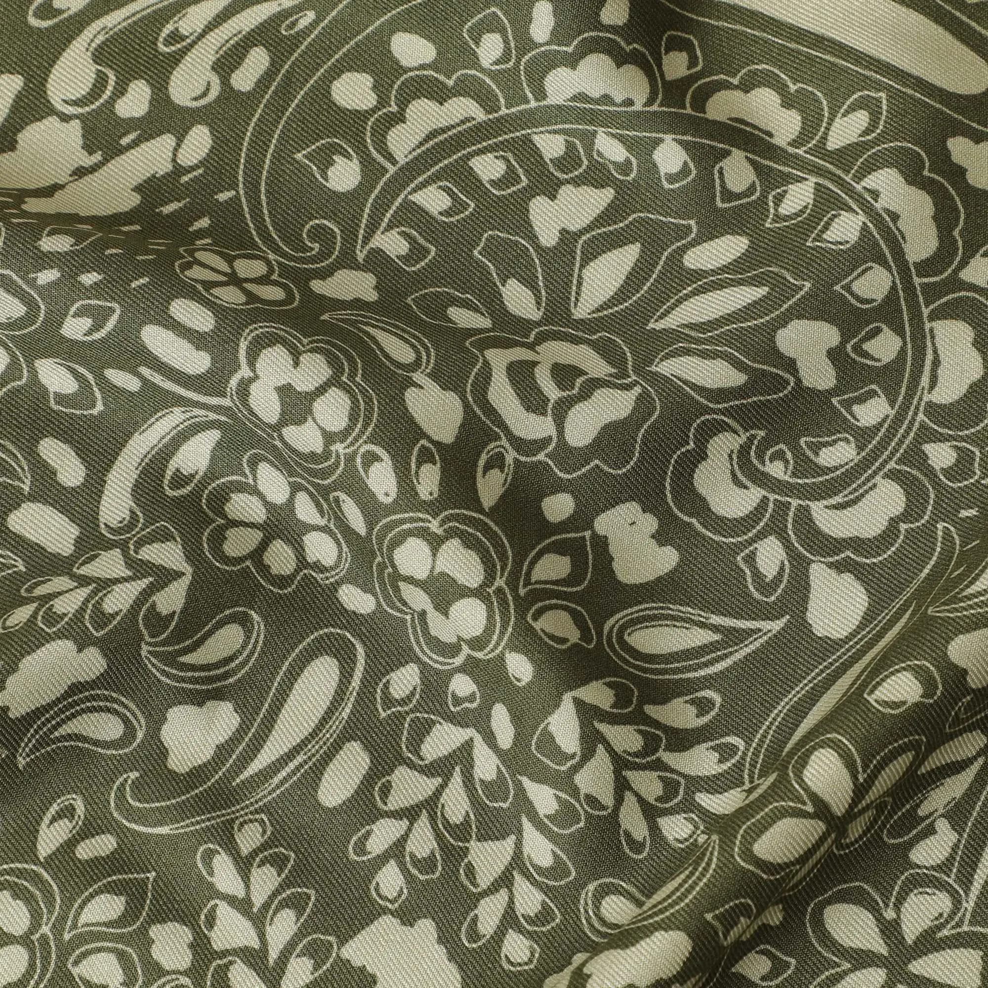 Olive green viscose twill printed fabric with light green prints in floral design-D11173