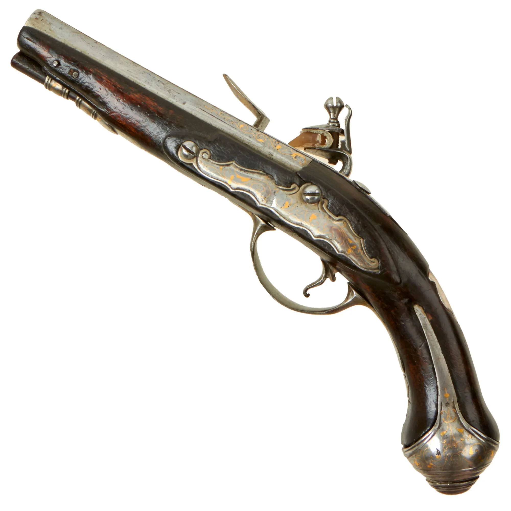 Original French Napoleonic Flintlock Overcoat Pocket Pistol with Gold Embellishments - Unsigned