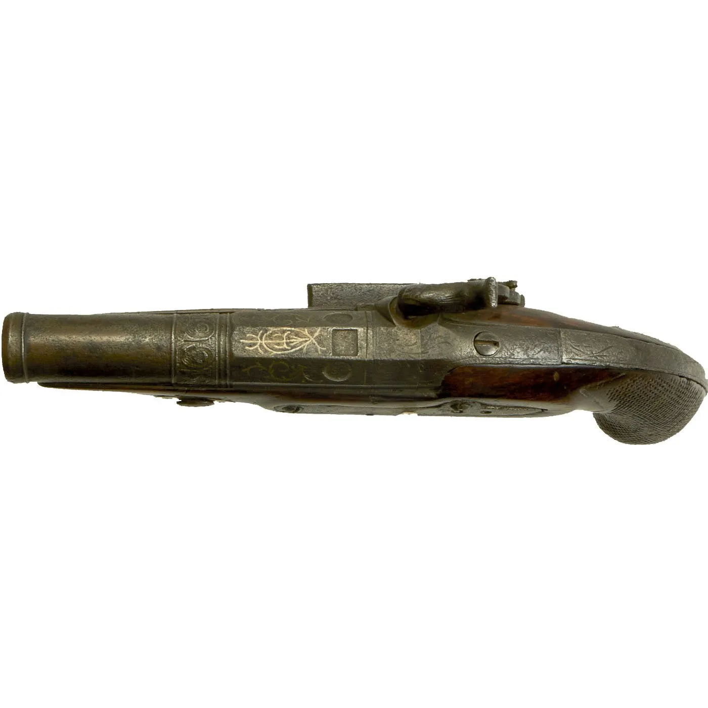 Original Spanish Miquelet Percussion Overcoat Pistol with Silver Inlaid Barrel & Spanish Touchmarks - c. 1830