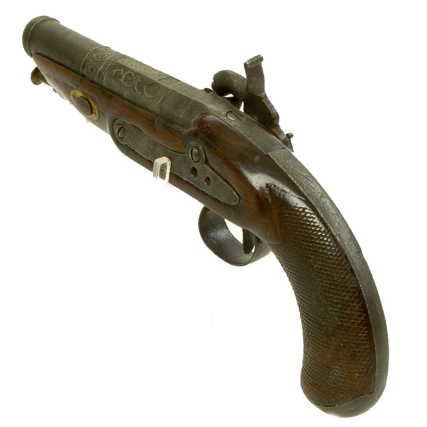 Original Spanish Miquelet Percussion Overcoat Pistol with Silver Inlaid Barrel & Spanish Touchmarks - c. 1830