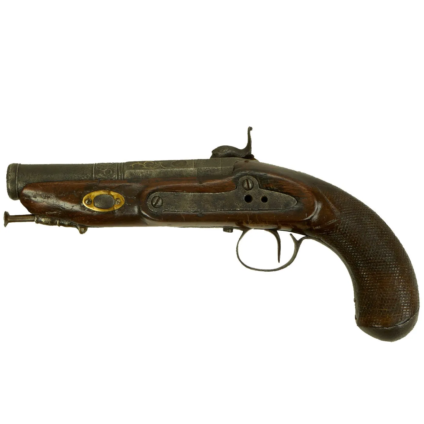 Original Spanish Miquelet Percussion Overcoat Pistol with Silver Inlaid Barrel & Spanish Touchmarks - c. 1830