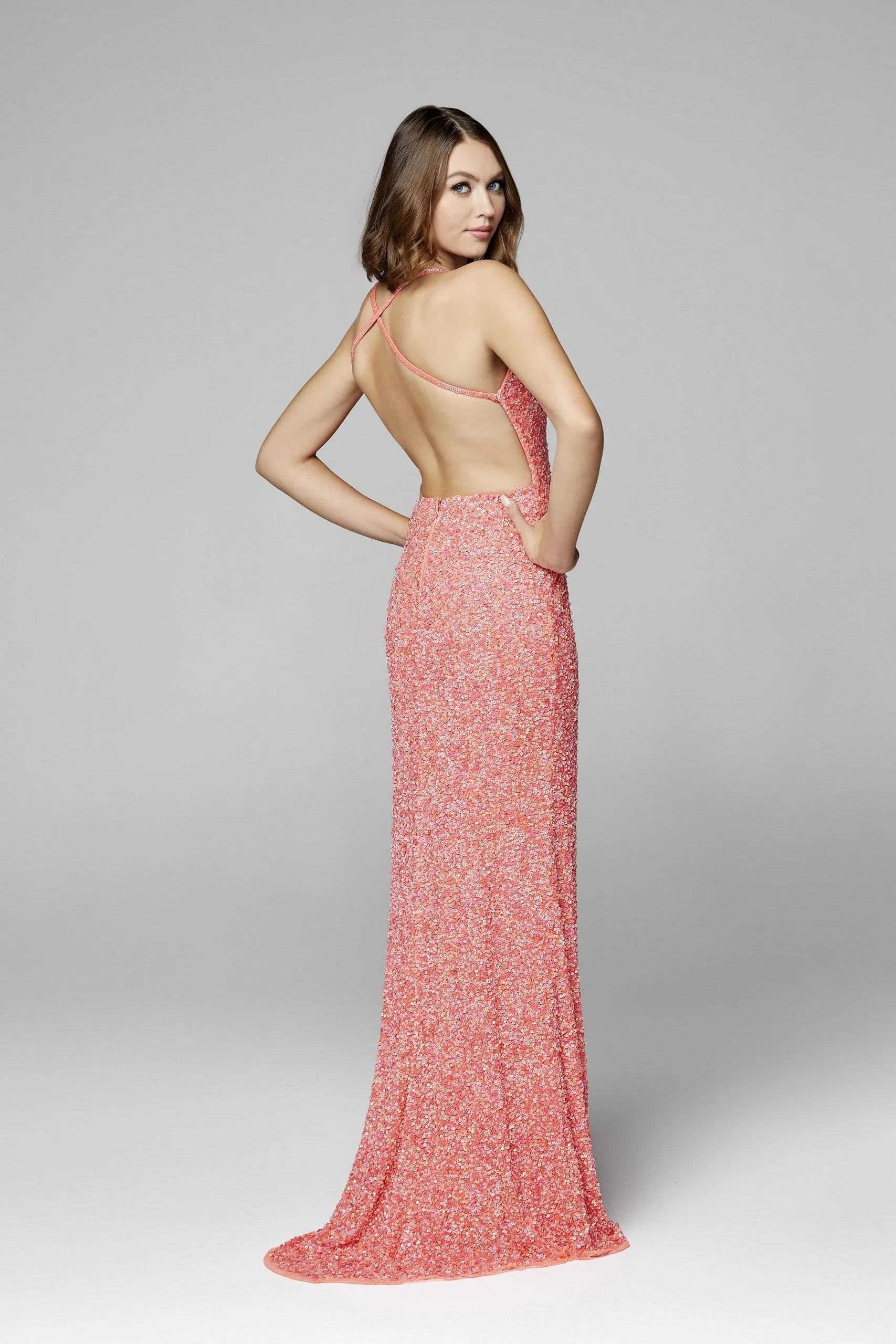 Primavera Couture 3291 Size 2, 6 Coral Prom Dress V Neckline Backless Sequins Slit