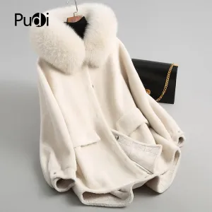 PUDI A18053 women's winter warm genuine wool fur with real fox collar coat lady coat jacket overcoat