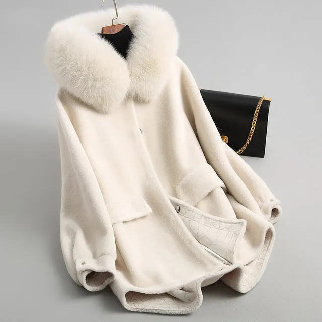 PUDI A18053 women's winter warm genuine wool fur with real fox collar coat lady coat jacket overcoat