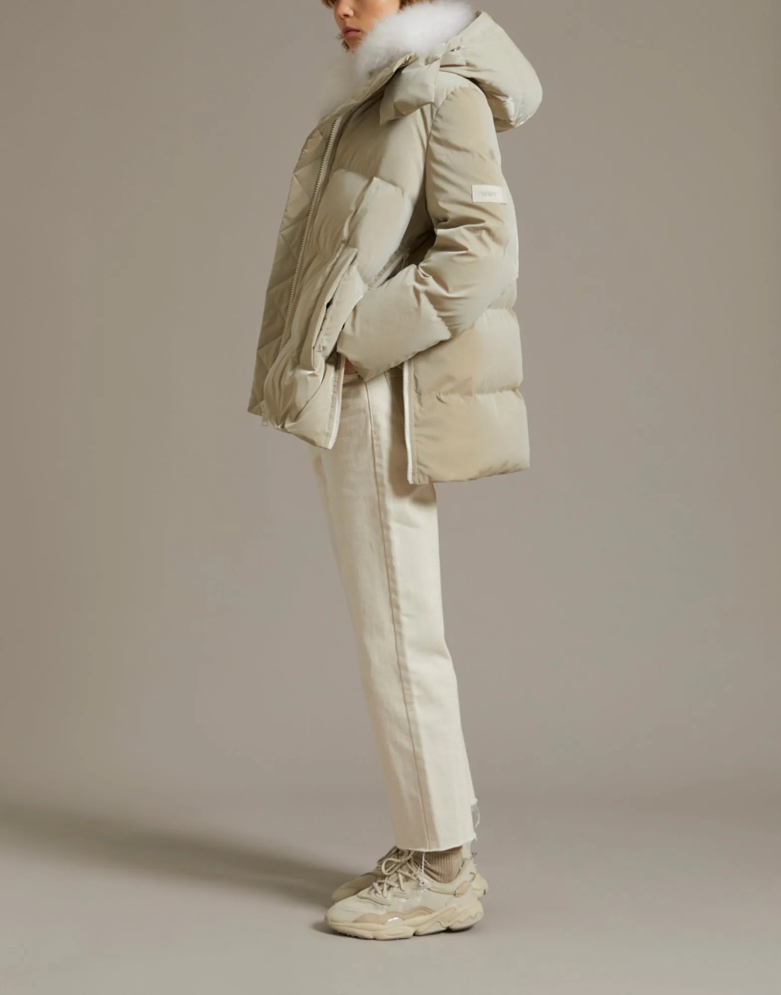 "A" line down jacket in icy water-repellent technical fabric with collar trim in fluffy lambswool