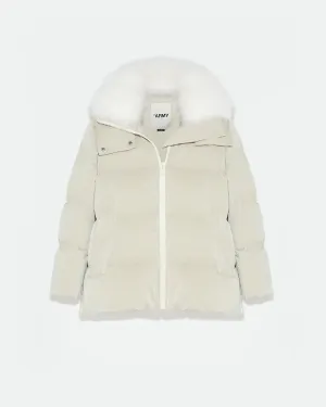 "A" line down jacket in icy water-repellent technical fabric with collar trim in fluffy lambswool