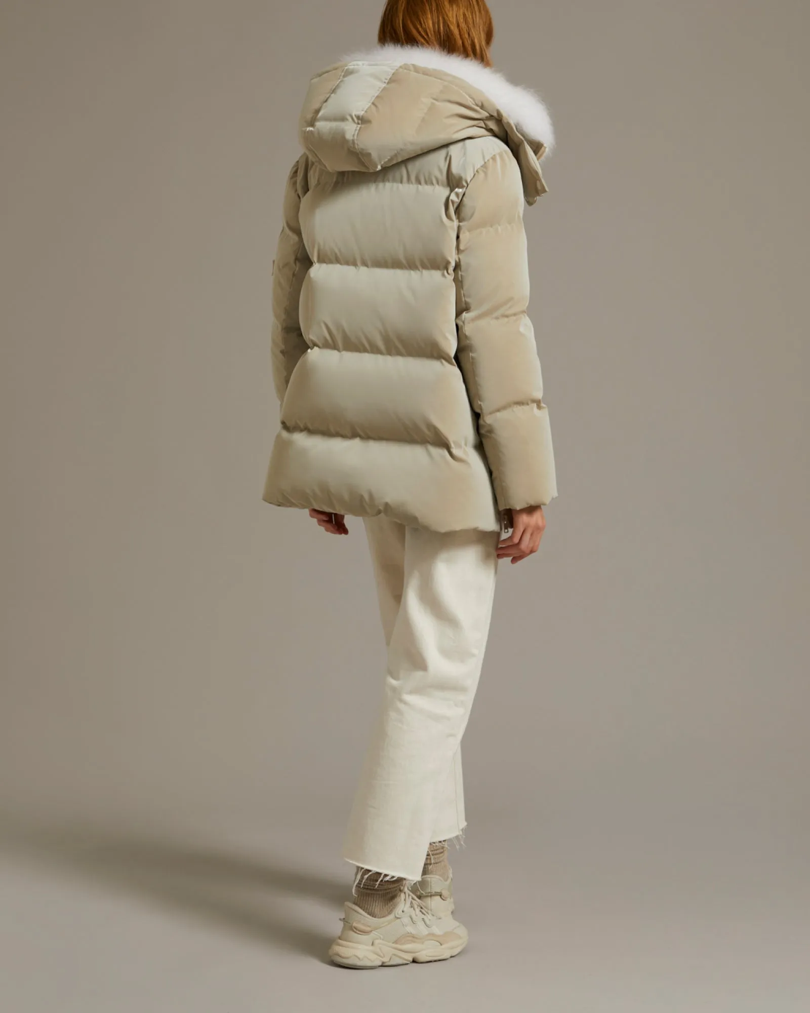 "A" line down jacket in icy water-repellent technical fabric with collar trim in fluffy lambswool