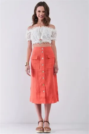 Santorini Coral Linen Rainbow Pearl Button Midi Skirt