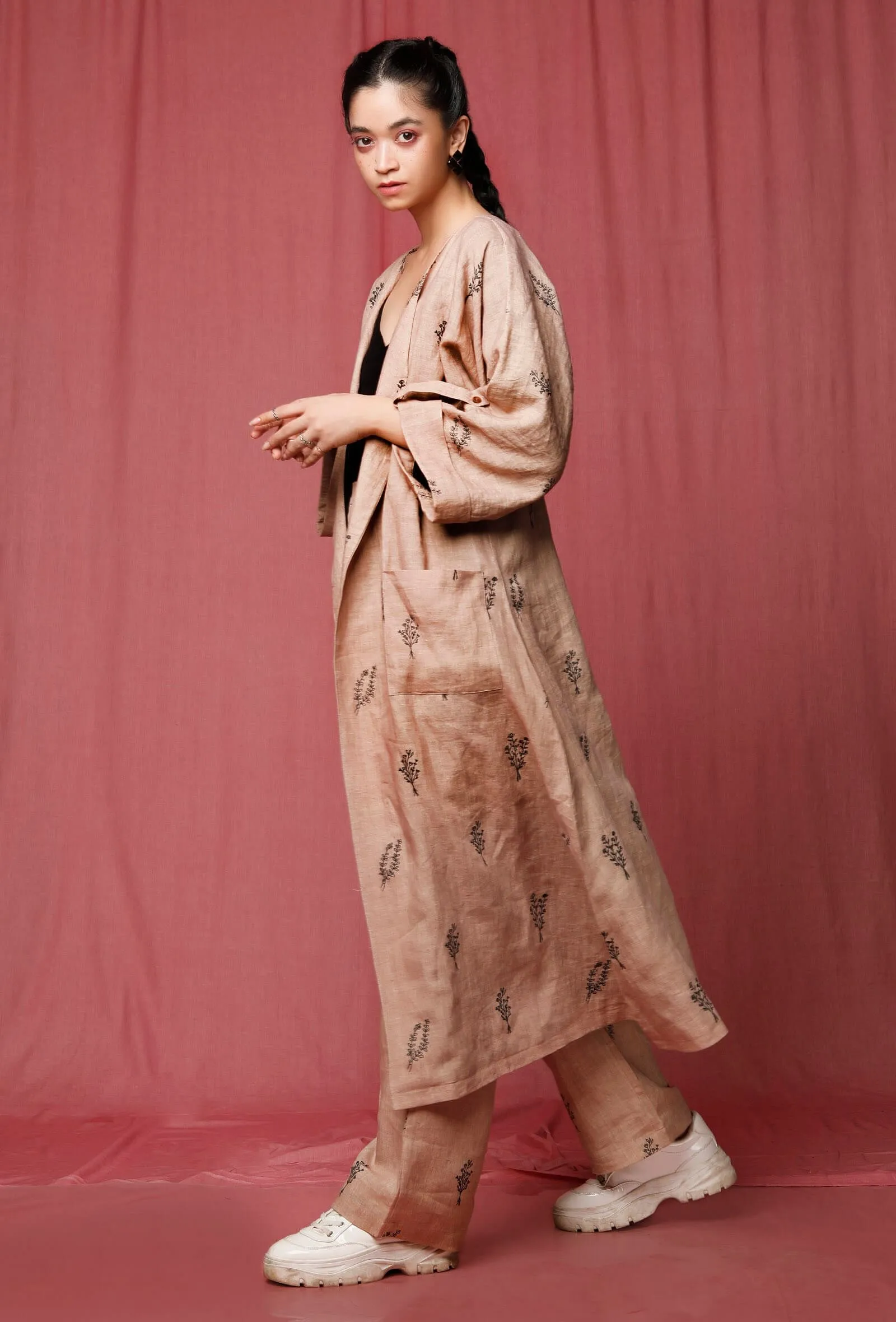 Set of 2: Brown Handblock Printed Notched Linen Overcoat With Handblock Printed Linen Pant