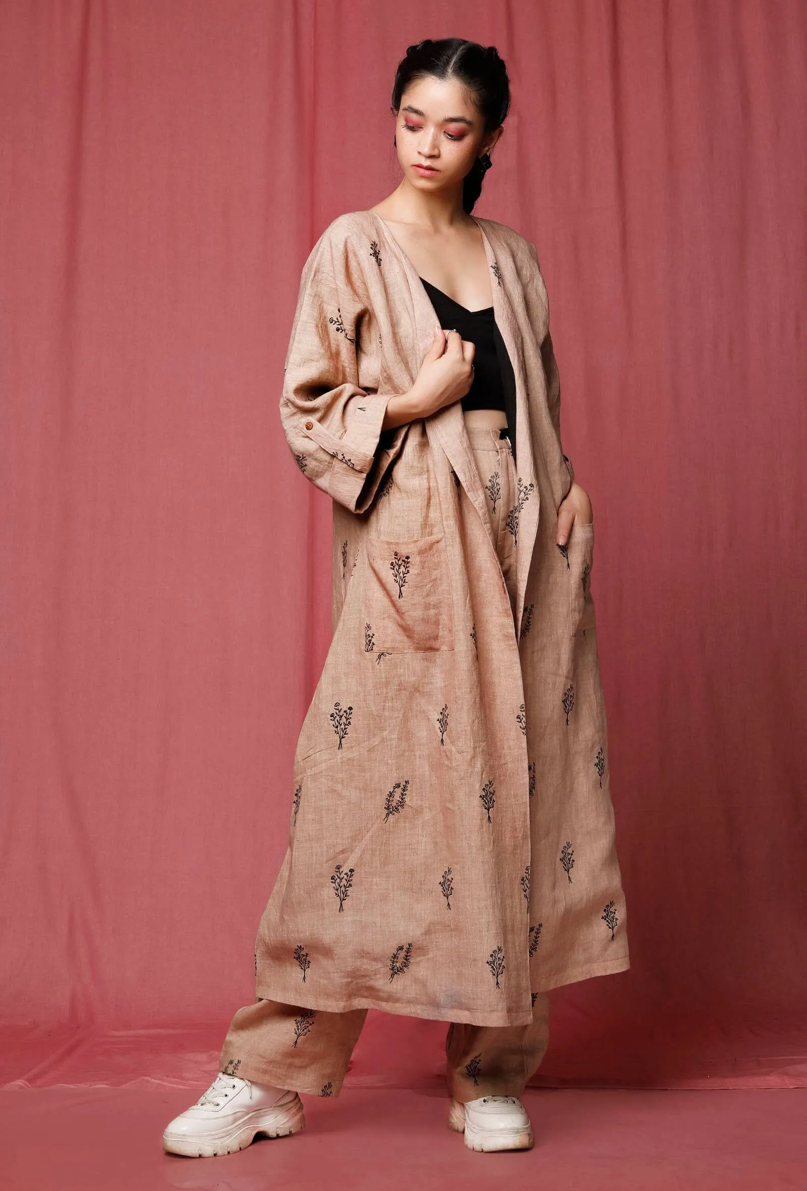 Set of 2: Brown Handblock Printed Notched Linen Overcoat With Handblock Printed Linen Pant