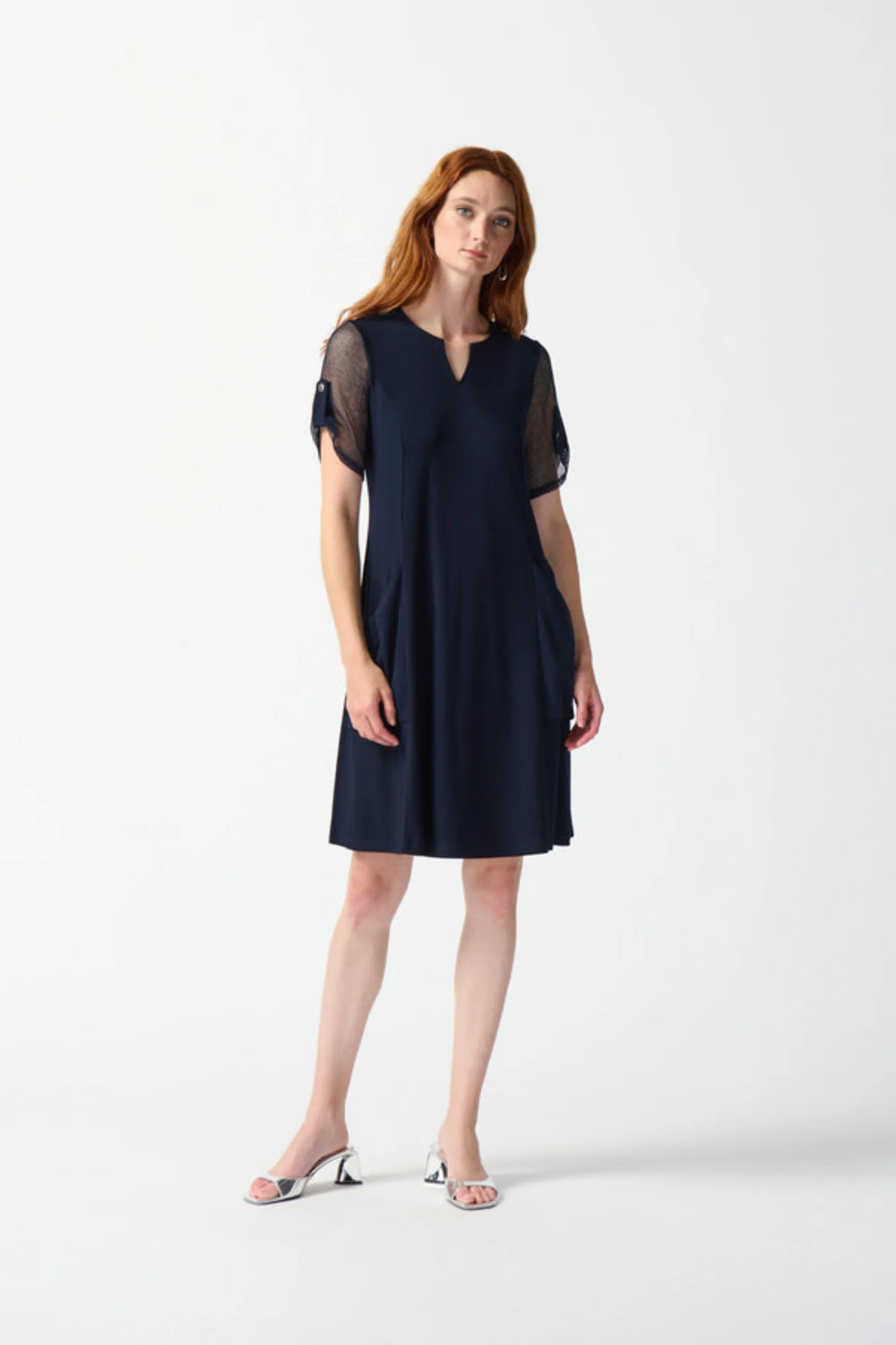 SPLIT NECK DRESS WITH MESH