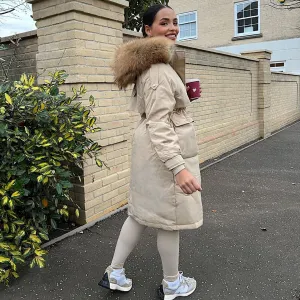 STORMI Beige Waterproof Natural Real Fur Parker Coat