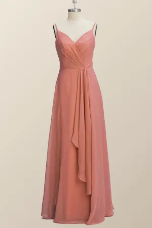 Straps Coral Chiffon A-line Ruffle Long Bridesmaid Dress