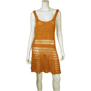 Vintage 1960s Orange Crochet Hand Knit Short Dress Size M