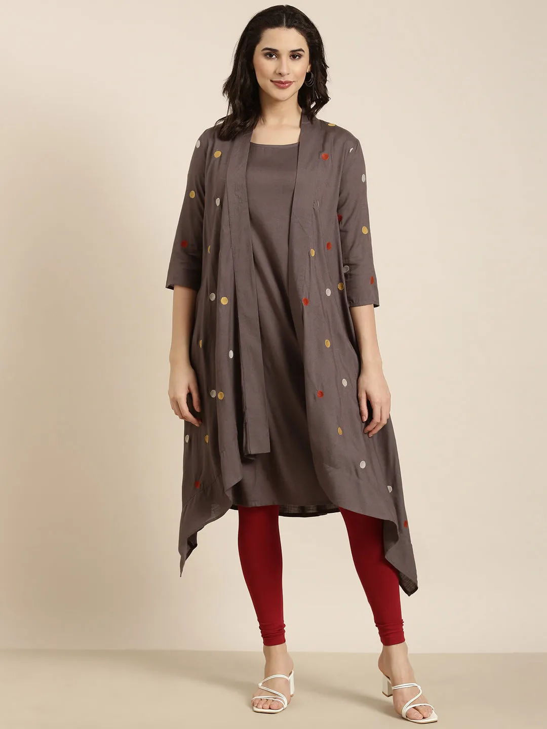 Women A-Line Grey Solid Kurta Comes With Overcoat