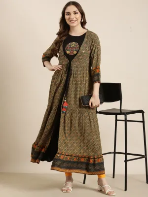 Women Anarkali Black Solid Kurta Comes With Overcoat